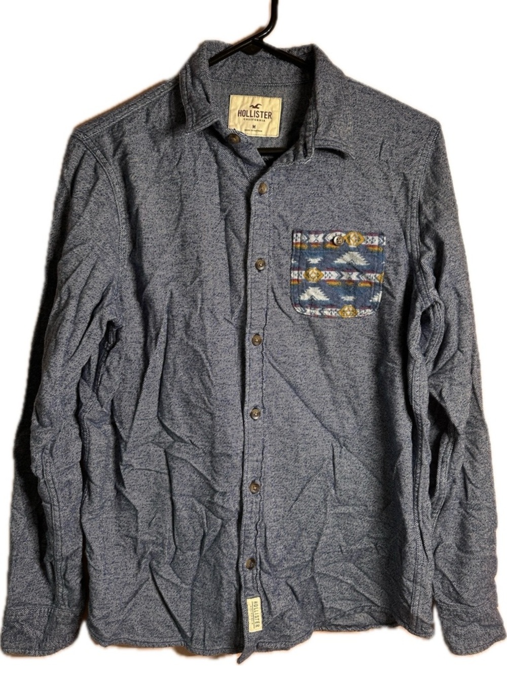 Y2K Hollister Hipster Navy Button-Up with Tribal Patterned Pocket